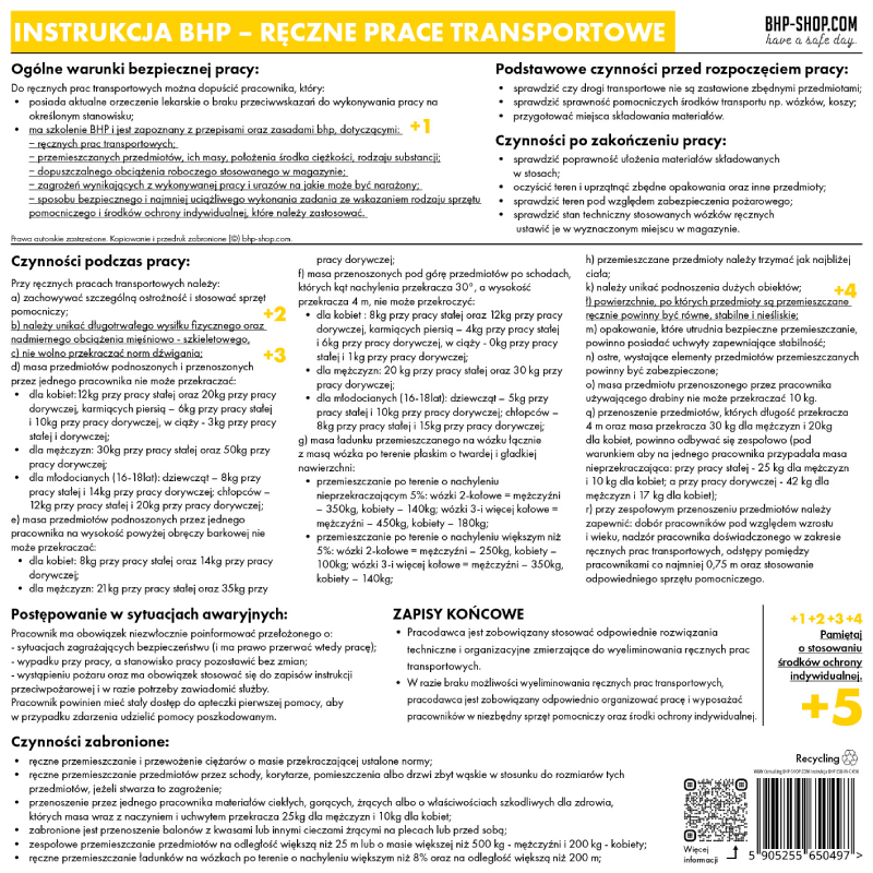 Instrukcja BHP - Ręczne prace transportowe - BHP-SHOP.COM